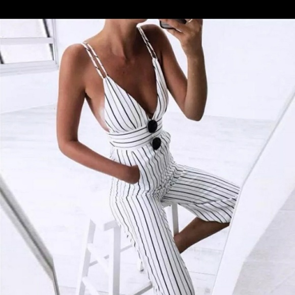 💲Womens V neck Striped Jumpsuit Romper adjustable - Picture 3 of 7
